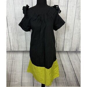 Croche Women's Small Black & Yellow Colorblock Shoulder Ribbon Knee-Length Dress